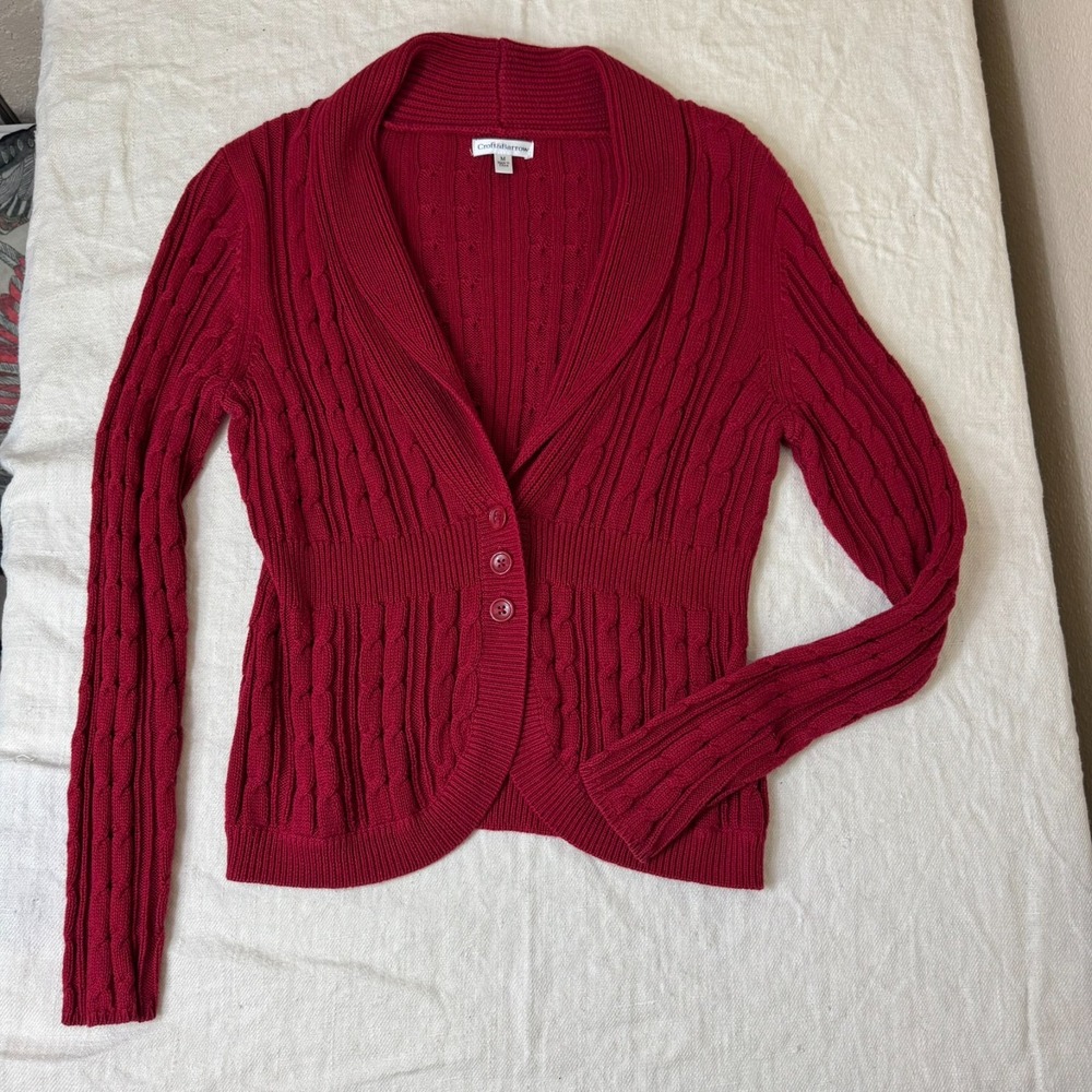 Croft & Barrow Red Cable Knit Cardigan Sweater Womens Sz M Shawl Collar Academia - Picture 11 of 11